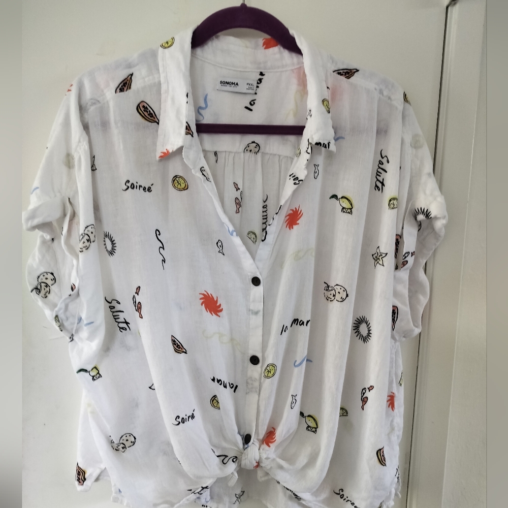 Sonoma Goods for Life Women's Linen Rayon White Beach Print Blouse PXXL